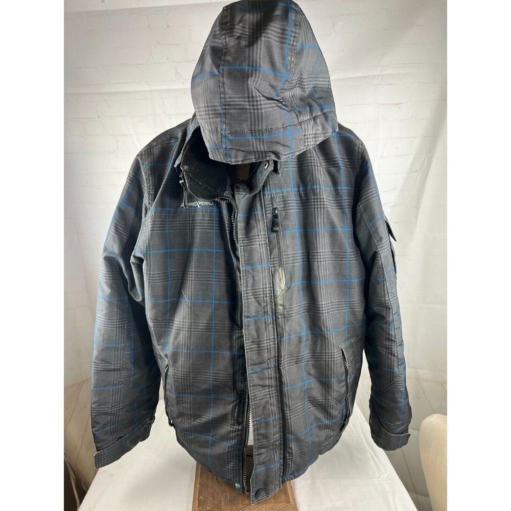 ZeroXPosur Mens Snowboarding Jacket Size XL Gray Plaid Detachable Hood Full Zip